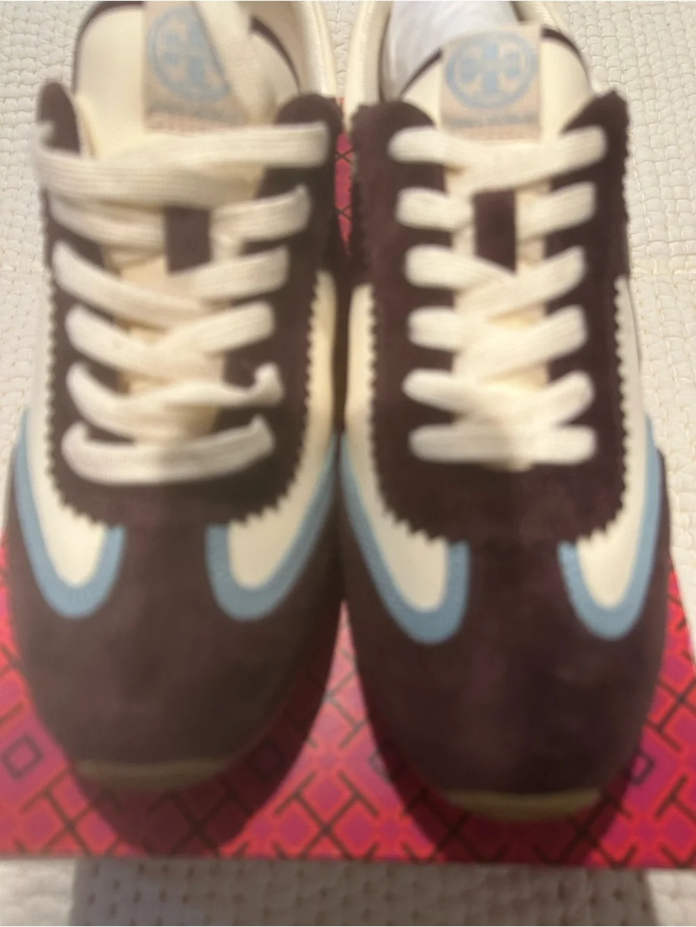 Tory Burch Cream,HANK SNEAKER  Light Blue & Dark Brown Suede Lace-Up Sneakers